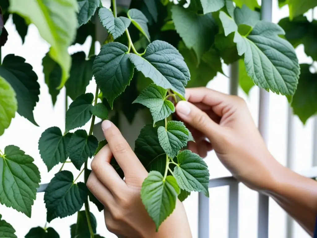 Un par de manos cuidadosamente podando y entrenando una exuberante planta trepadora en interiores