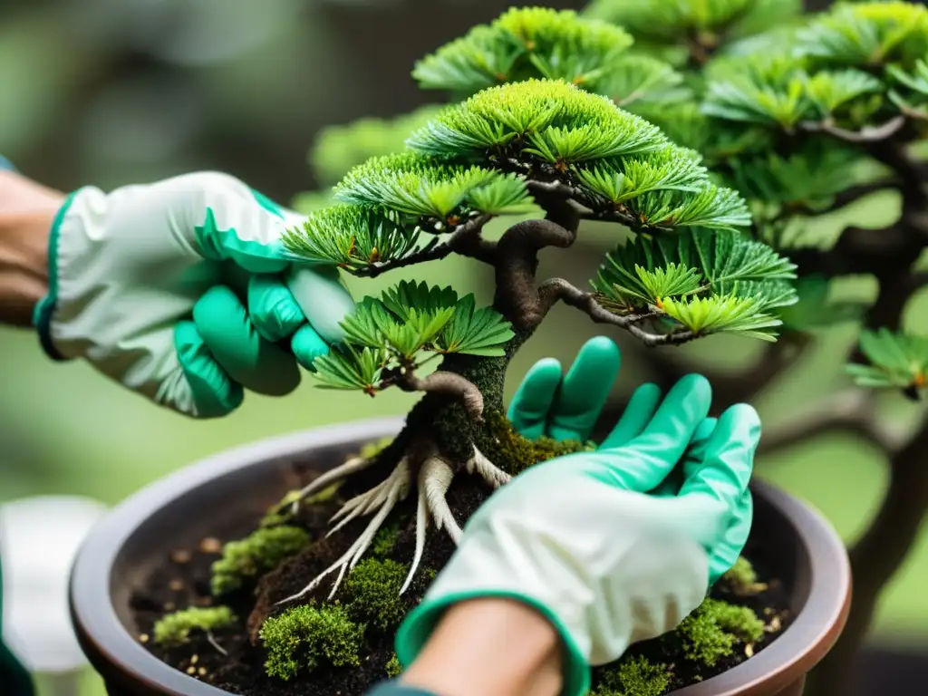 Un par de manos cuidadosamente podando y dando forma a un descuidado bonsái asiático, resaltando la revitalización meticulosa del árbol