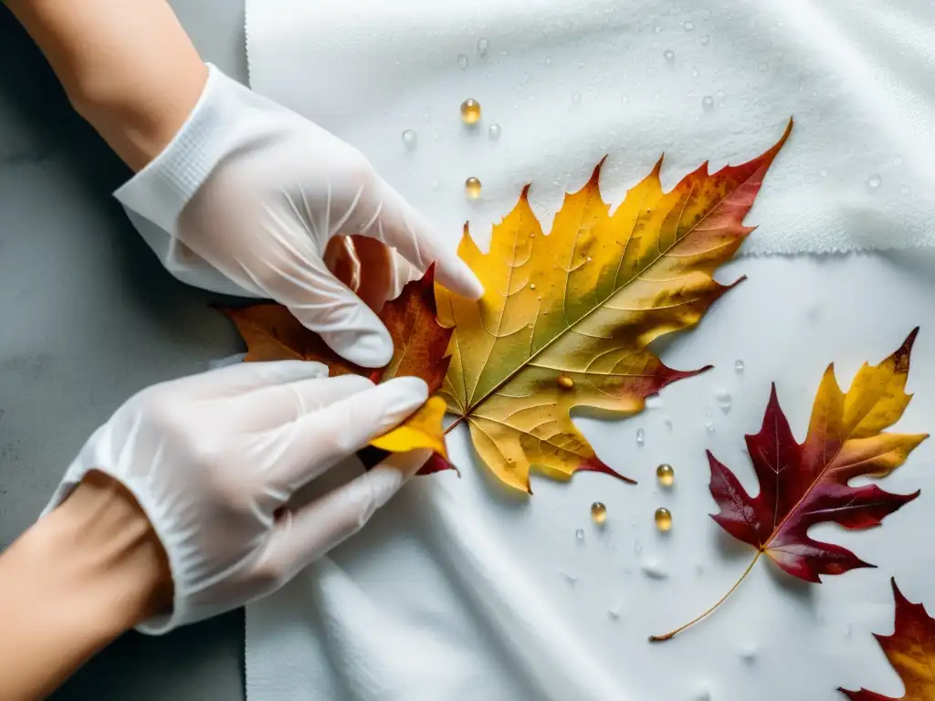 Un par de manos con guantes de jardinería colocan delicadamente hojas de otoño en un paño húmedo, creando una atmósfera serena y minimalista