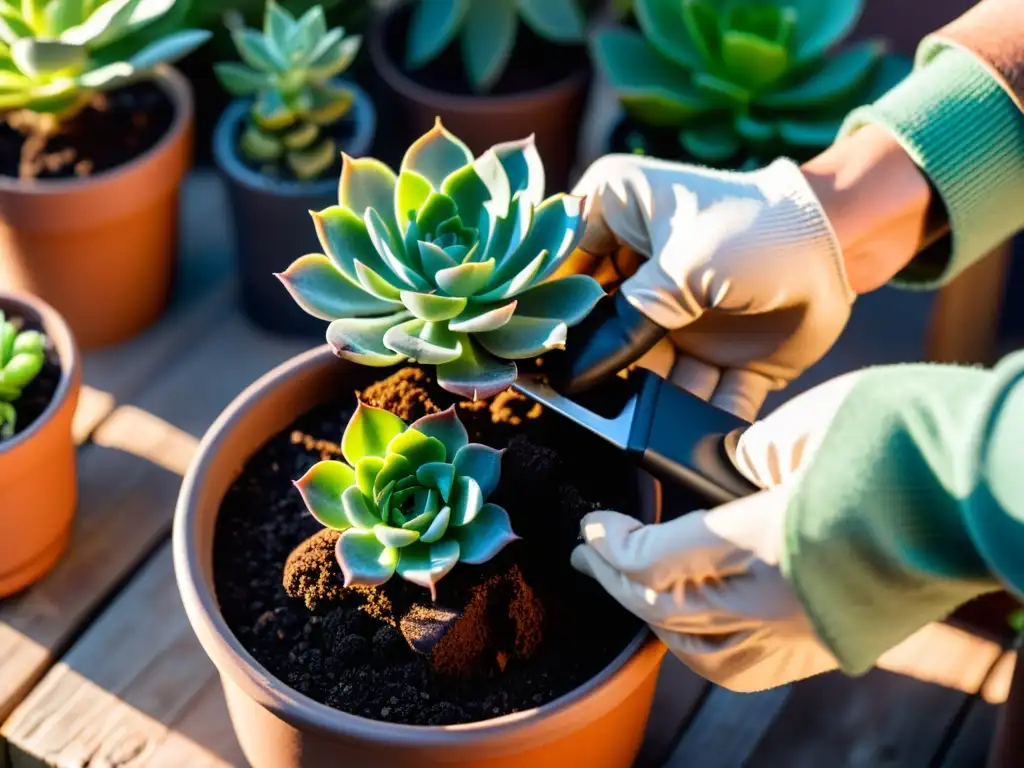 Un par de manos con guantes de jardinería colocan con cuidado un esqueje de suculenta en una maceta, en un invernadero casero para plantas