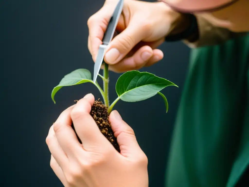 Un par de manos realizan con precisión un injerto de plantas, mostrando la técnica de forma detallada y profesional