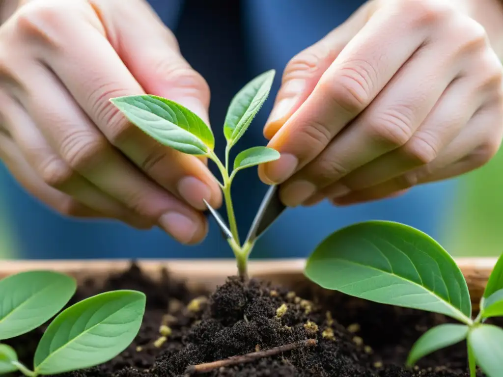 Un par de manos realizan con precisión una técnica moderna para propagar plantas