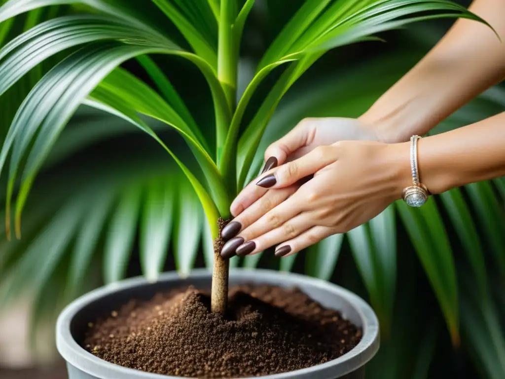 Un par de manos cuidadosamente riegan el suelo alrededor de una planta Areca Palm en un trasplante seguro de interior