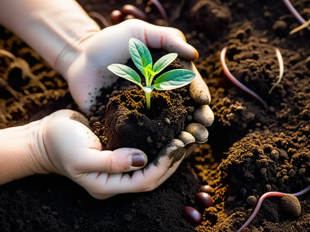 Un par de manos trabajadoras plantan con cuidado una plántula en la tierra oscura y rica, mostrando la conexión entre humanos y plantas