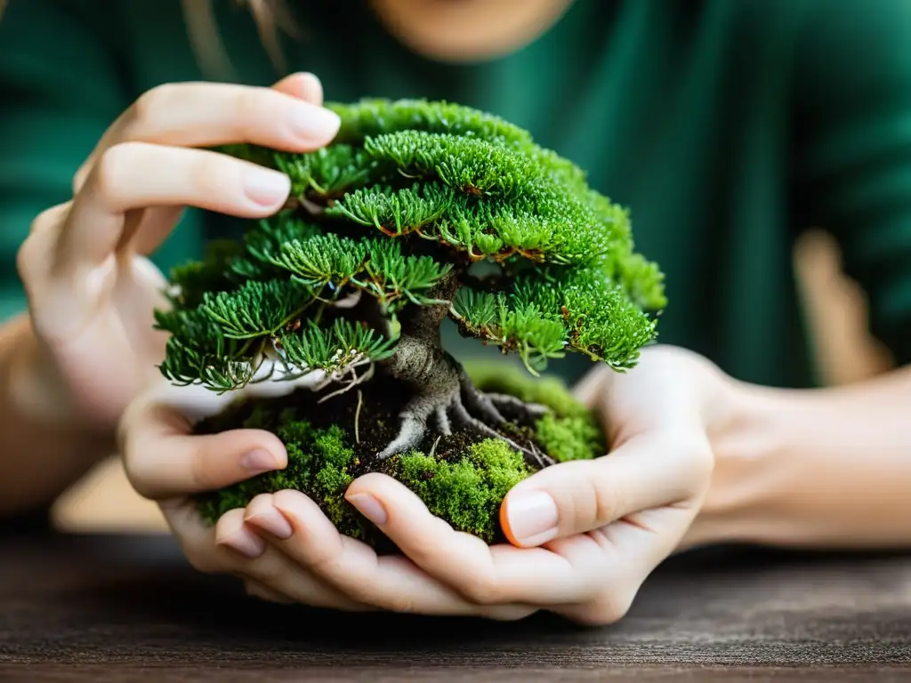 Un par de manos envuelven cuidadosamente musgo verde alrededor de las raíces de un pequeño árbol bonsái, creando una bola de kokedama