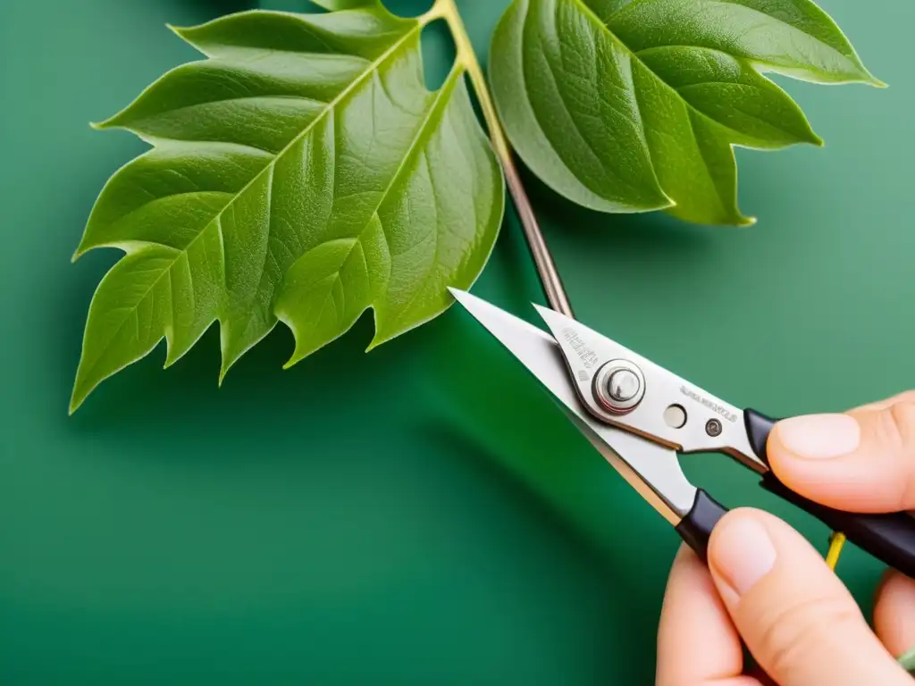 Podadora de hojas cortando con precisión Un par de tijeras de podar cortando con precisión las hojas verdes de una planta de interior vibrante, en un fondo limpio