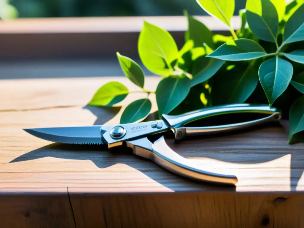 Pruning shears: precisión y naturaleza Un par de tijeras de podar descansan sobre una superficie de madera, rodeadas de hojas verdes y brotes delicados, bañadas por la luz del sol