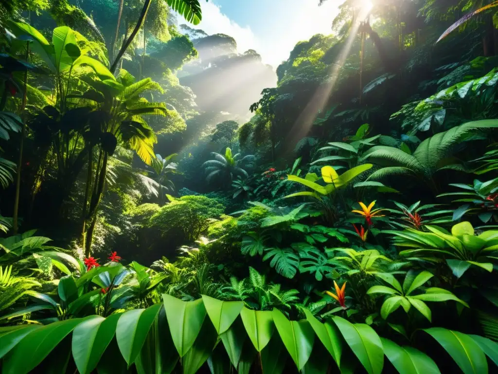 Un paraíso natural en la selva tropical, con exuberante vegetación, flores exóticas y vida silvestre