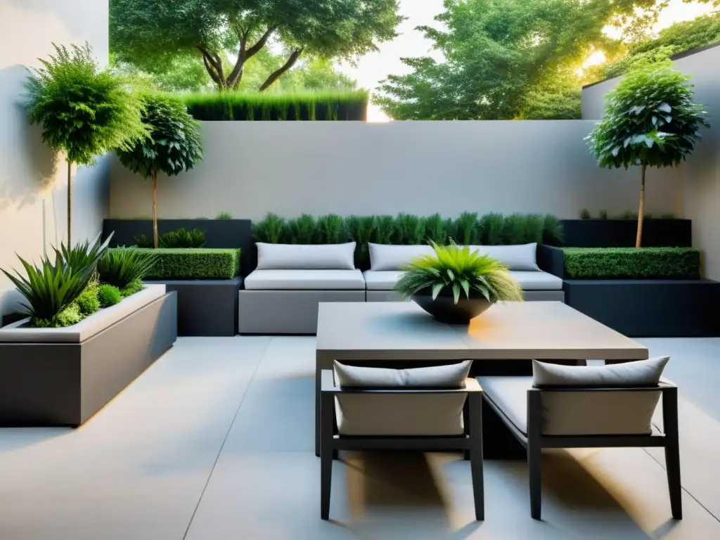 Un patio al aire libre, minimalista y elegante con mobiliario moderno y plantas exuberantes