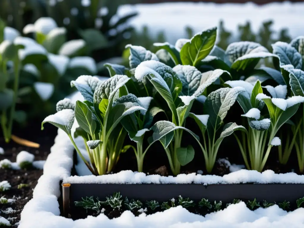 Pequeña cama de huerto urbano invernal con nieve y restos de plantas, creando una composición serena y minimalista