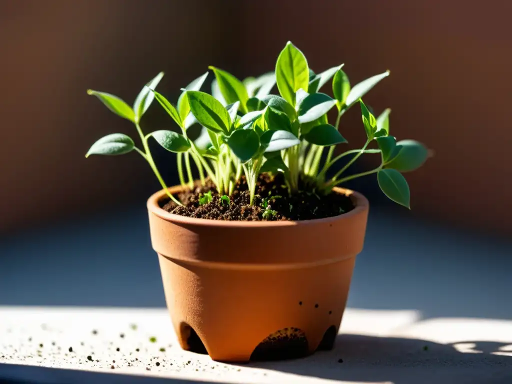 Pequeña maceta de terracota con brotes verdes emergiendo y raíces visibles