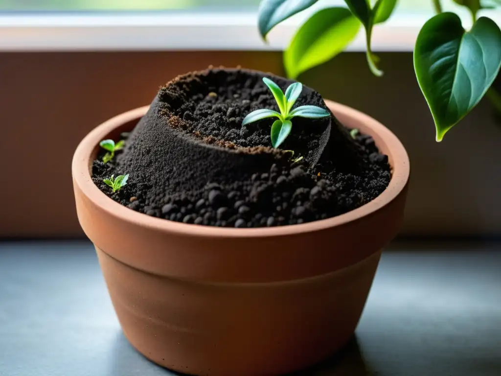 Una pequeña maceta de terracota llena de compost orgánico oscuro y detallado, con raíces delicadas de planta de interior