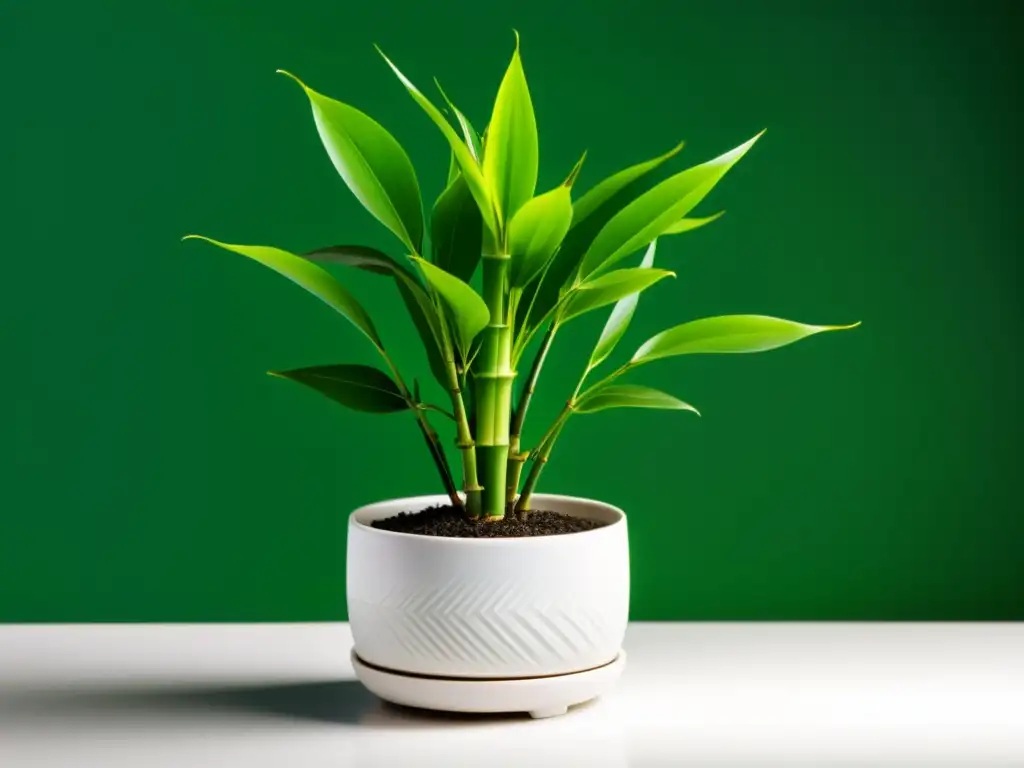 Pequeña planta de bambú de la suerte en maceta blanca, iluminada por luz natural