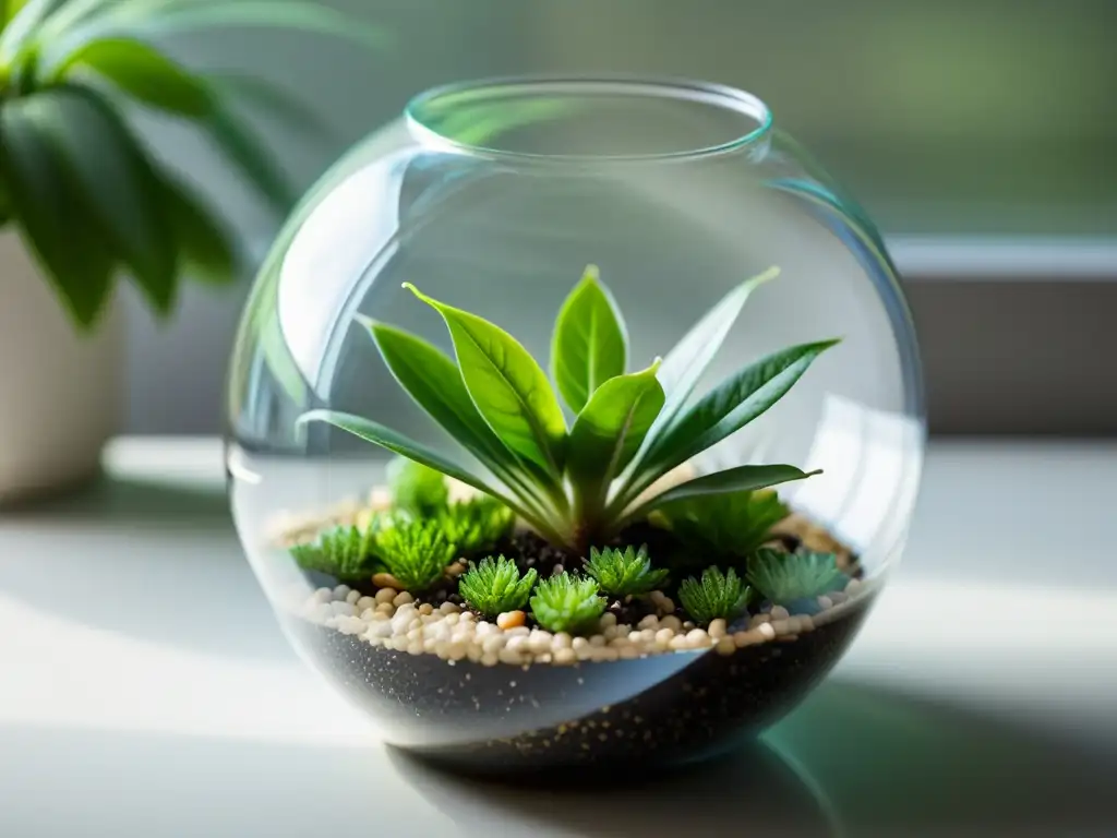 Serenidad invernal: planta en terrario de cristal Pequeña planta de interior en moderno terrario de vidrio, cuidada con esmero