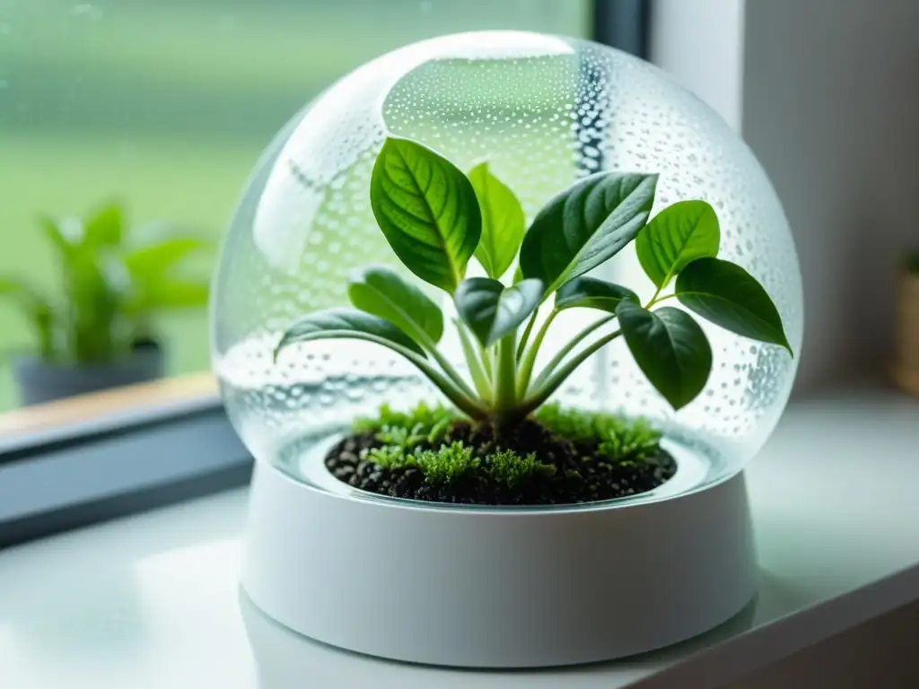 Plantita en domo: detalle ultrarrealista Pequeña planta de interior protegida por domo de plástico, con condensación