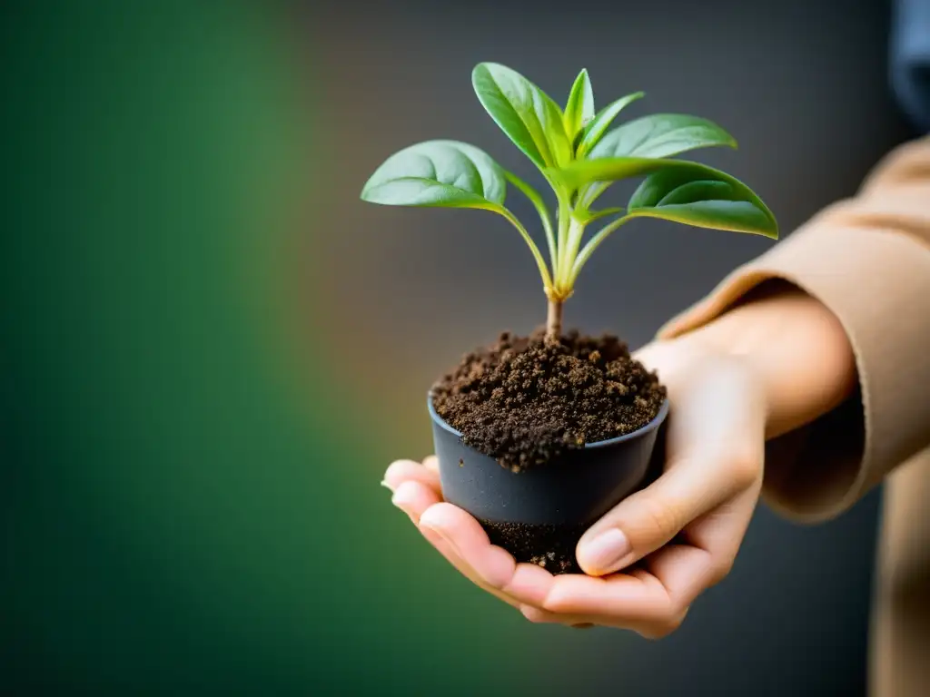 Pequeña planta en maceta con suelo y raíces, ideal humedad