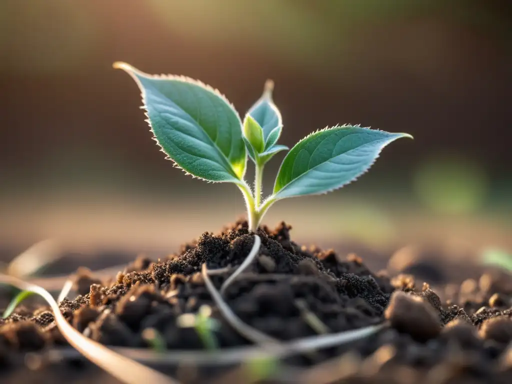 Pequeña planta emergiendo de la tierra con hojas delicadas, muestra la belleza natural del cuidado de plantas de interior