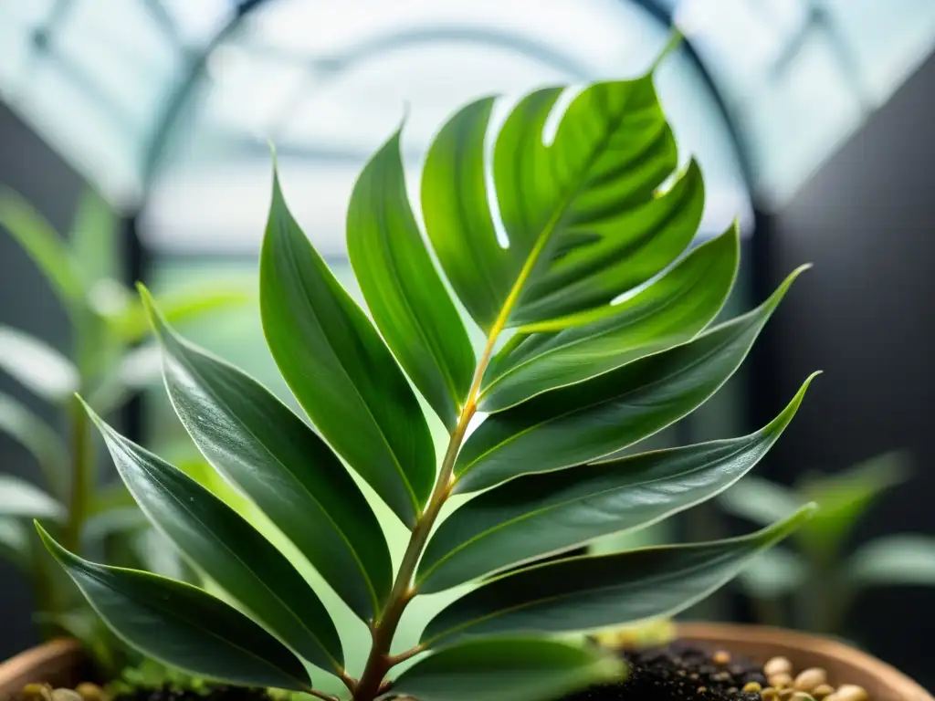 Pequeña planta tropical en terrario, con hojas brillantes por gotas de agua