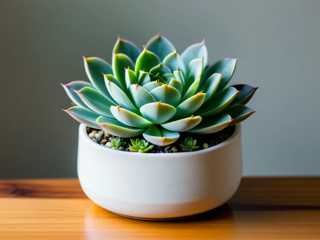 Pequeña suculenta Echeveria elegans en maceta blanca sobre escritorio de madera, cuidado suculentas clima frío interior