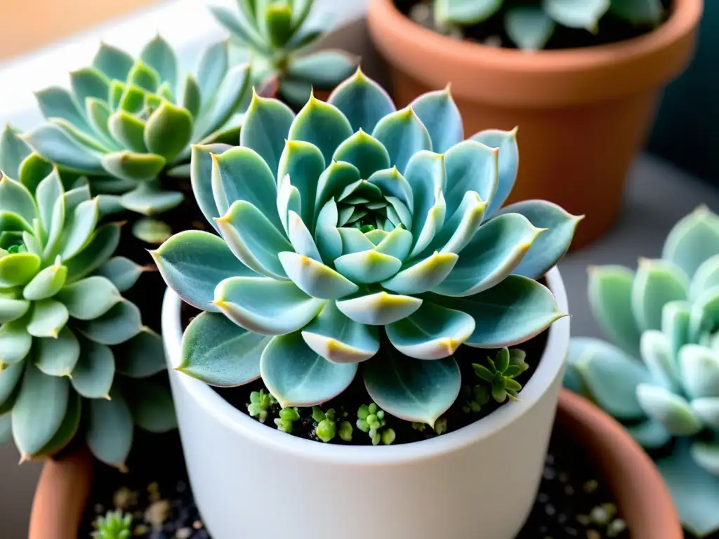 Pequeña suculenta resistente al frío en una elegante maceta blanca, iluminada por suave luz natural