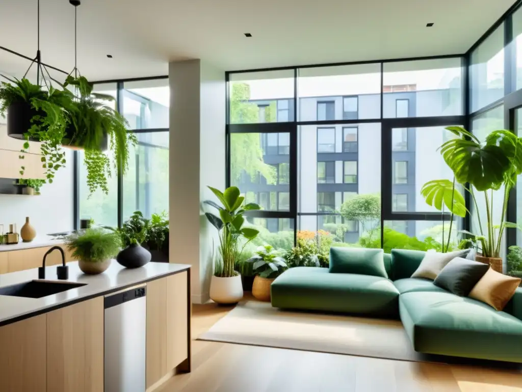 Un pequeño apartamento moderno con plantas de interior estratégicamente ubicadas, creando un ambiente calmado y armonioso