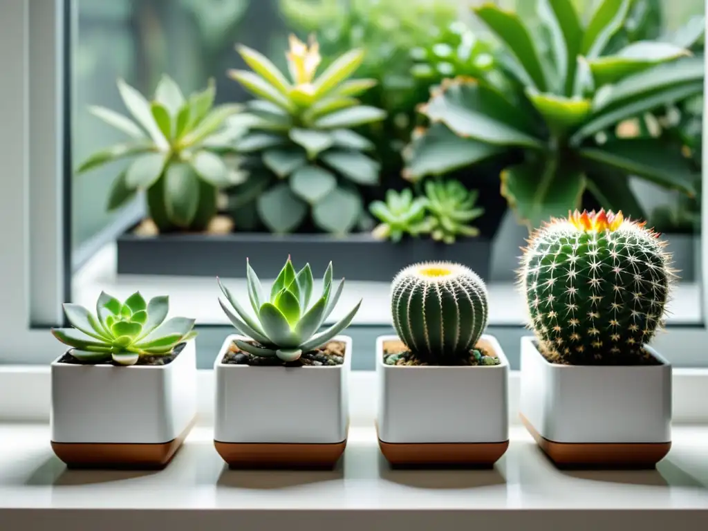 Pequeño jardín interior con suculentas y cactus en macetas geométricas, iluminado por luz natural