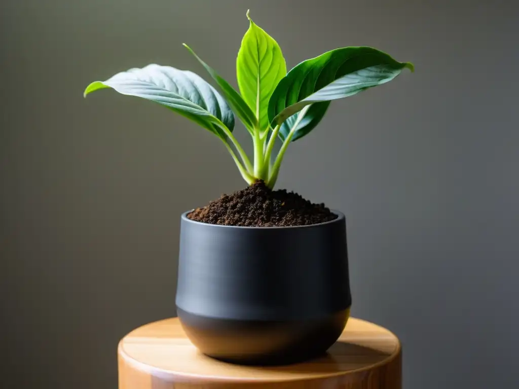 Un pequeño cultivo de cúrcuma en interiores, con tierra oscura y una exuberante planta de cúrcuma de hojas verdes brillantes