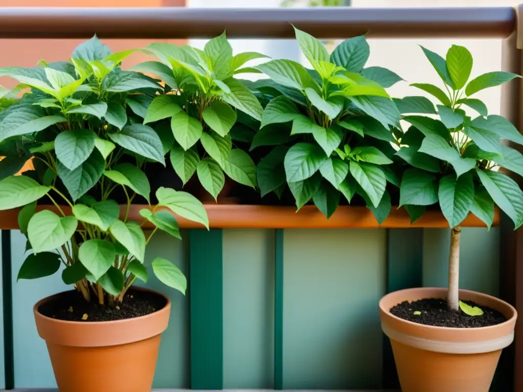 Un pequeño jardín en el balcón con cultivo de ginseng en terracotas