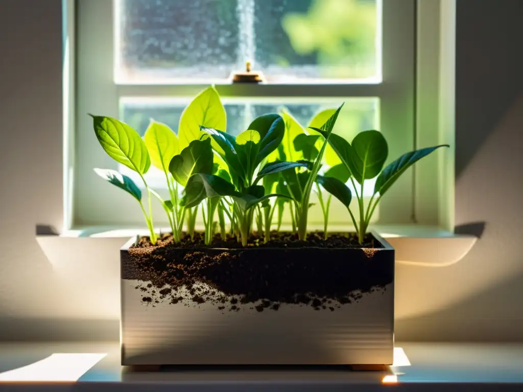 Pequeño cultivo de microvegetales superalimentos en ventana soleada