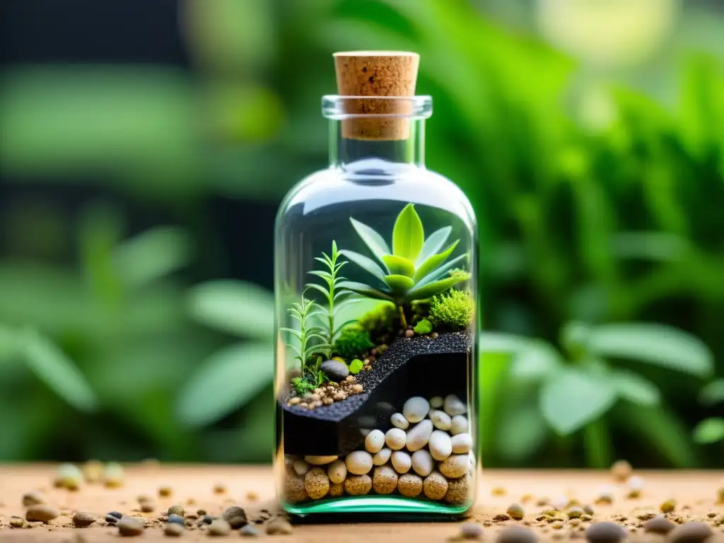 Pequeño ecosistema en botella cuidado de plantas con rocas, suelo y plantas verdes, iluminado por la suave luz filtrada