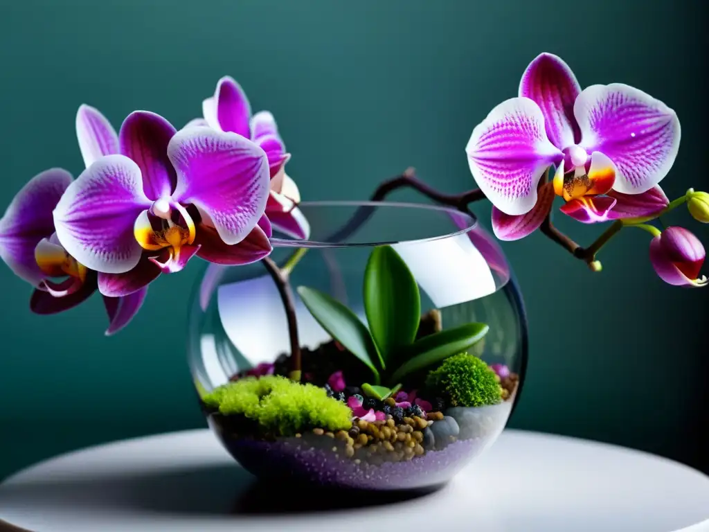 Pequeño terrario con exóticas orquídeas miniatura en vibrantes tonos de púrpura, rosa y blanco, sobre musgo y piedras