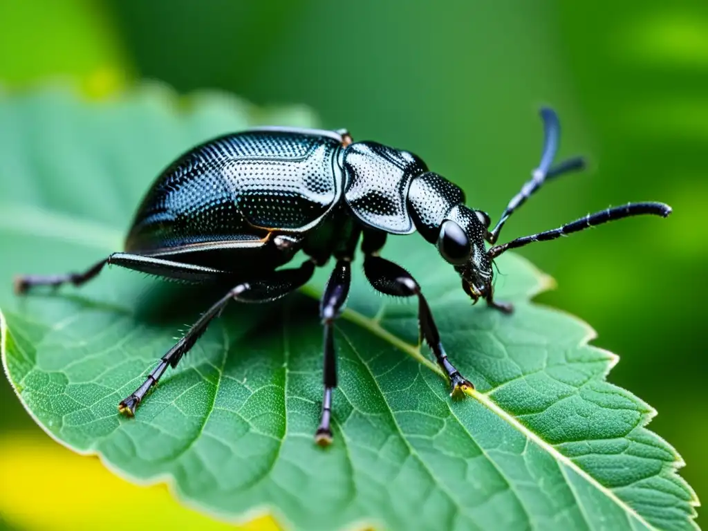 Un pequeño gorgojo negro sobre una hoja verde vibrante, destacando su exoesqueleto y antenas delicadas