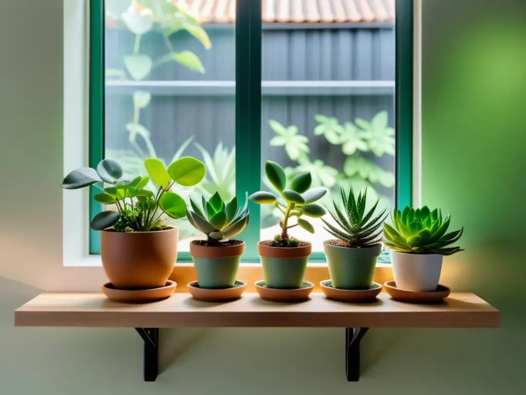 Pequeño jardín interior con suculentas y hierbas en estantes de madera