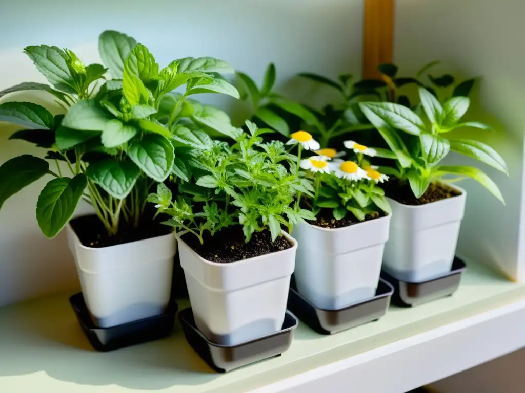 Pequeño jardín de hierbas en interiores con plantas para hacer té: manzanilla, menta y lavanda, bañadas en luz natural