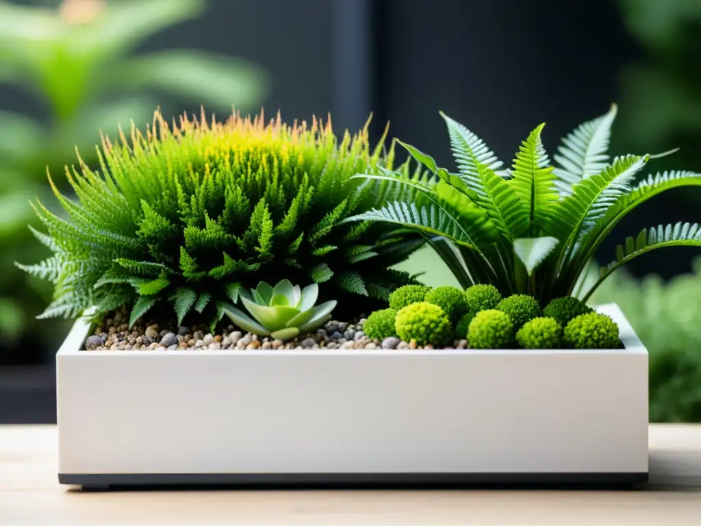 Pequeño jardín en maceta moderna, repleto de plantas en miniatura