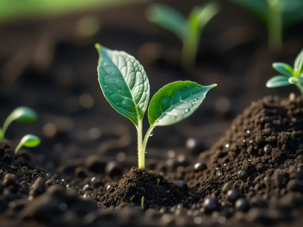 Pequeño microvegetal verde en tierra oscura y húmeda, con detalles delicados y texturas intrincadas, iluminado suavemente