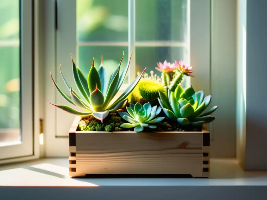 Un pequeño oasis de microjardín para apartamentos pequeños, con suculentas y plantas florecientes en una caja de madera en el alféizar soleado