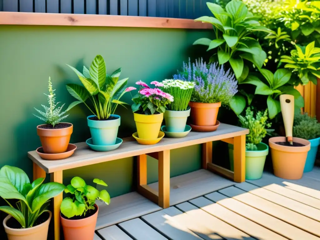 Pequeño jardín organizado con flores y herramientas de jardinería para niños