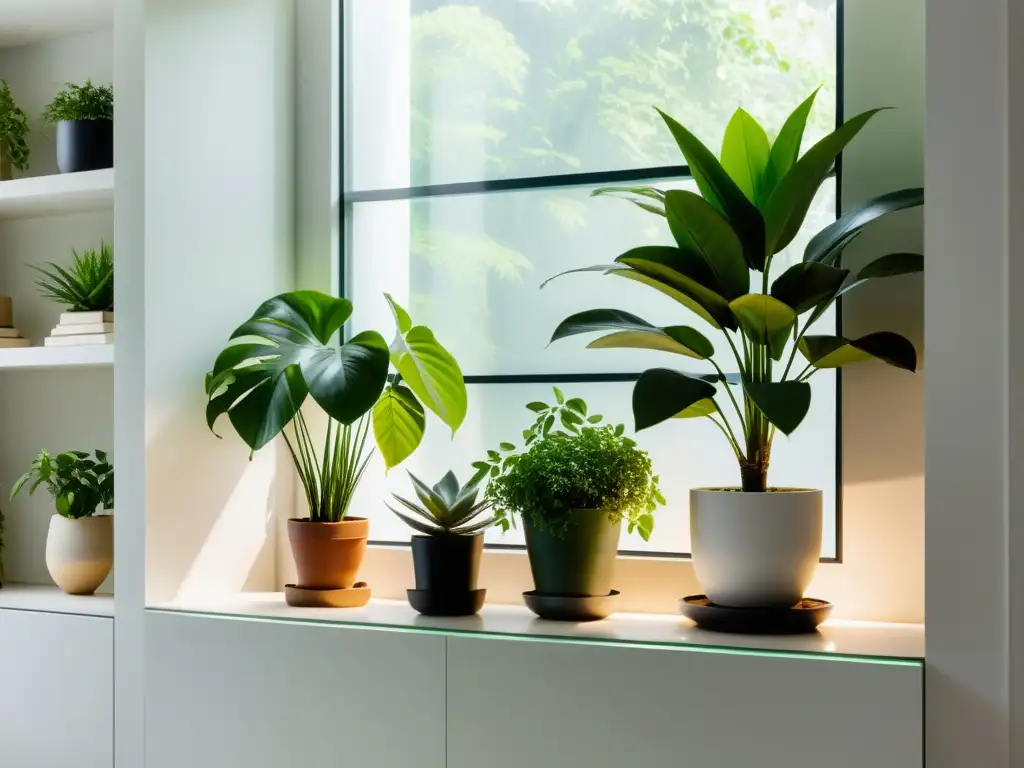 Jardín interior minimalista: verde exuberante y serenidad Pequeño jardín interior con plantas verdes exuberantes en estanterías modernas, iluminado suavemente por la luz natural
