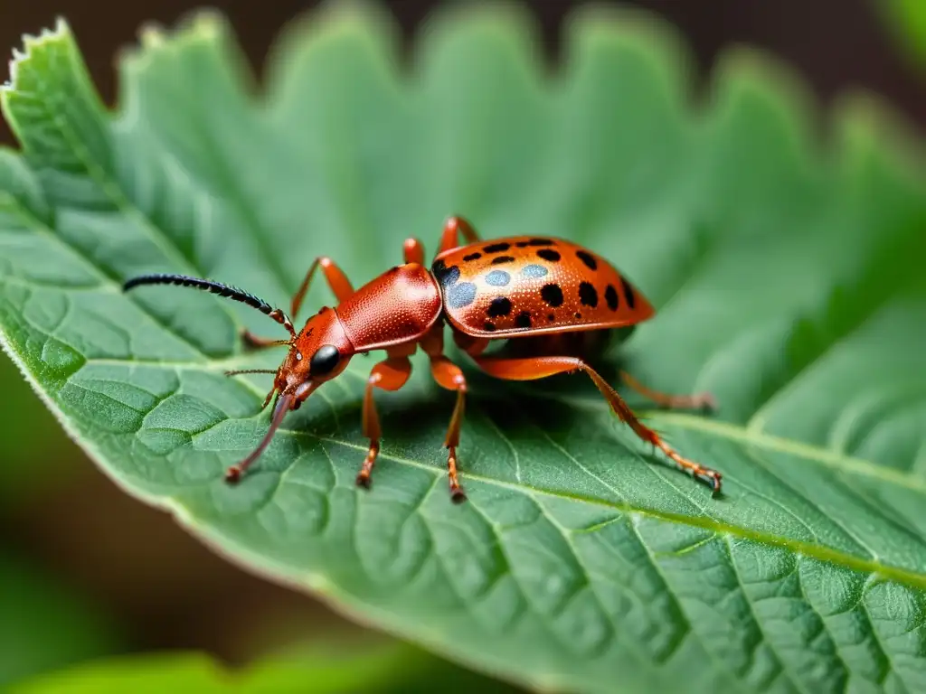 Un pequeño gorgojo rojo se arrastra sobre una hoja verde, con detalles en su exoesqueleto y patas