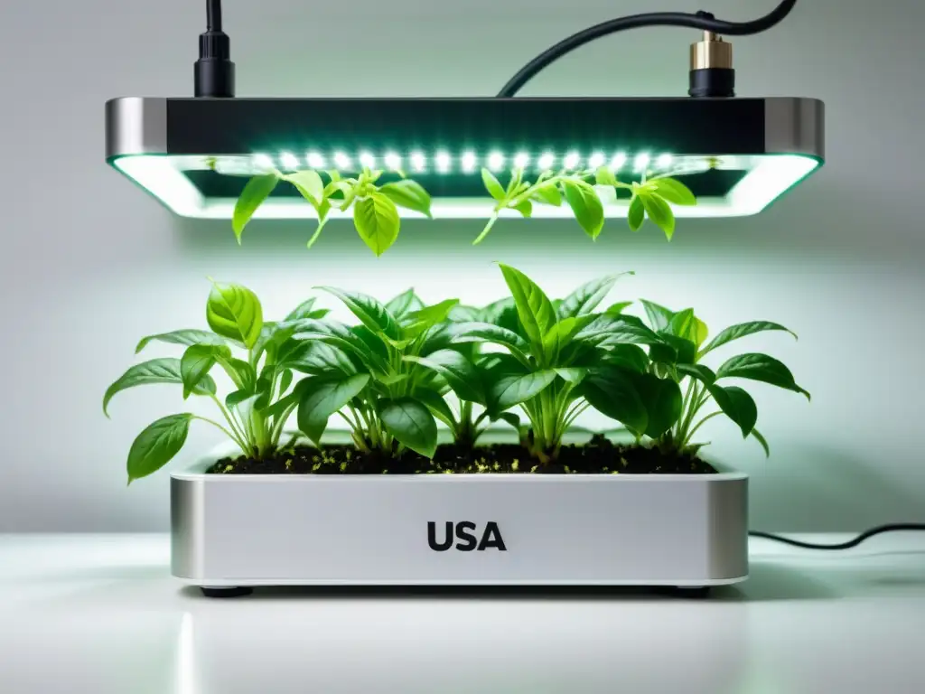 Pequeño sistema hidropónico interior con plantas para hacer té en interiores bajo luces LED cálidas, creando un ambiente sereno y contemporáneo