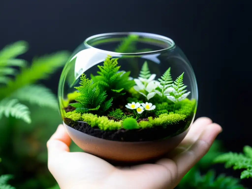 Un pequeño terrario de cristal, repleto de musgo verde vibrante, helechos delicados y flores blancas, sobre tierra oscura