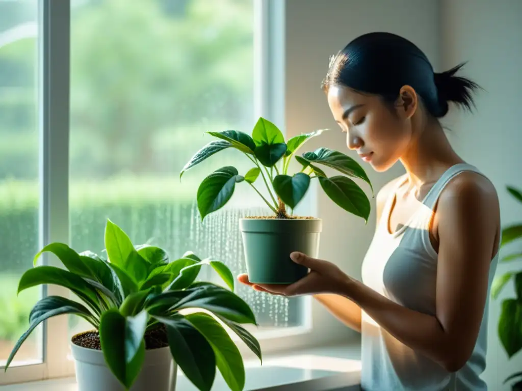 Persona cuidando con calma una planta de interior, creando una atmósfera de meditación activa y cuidado de plantas