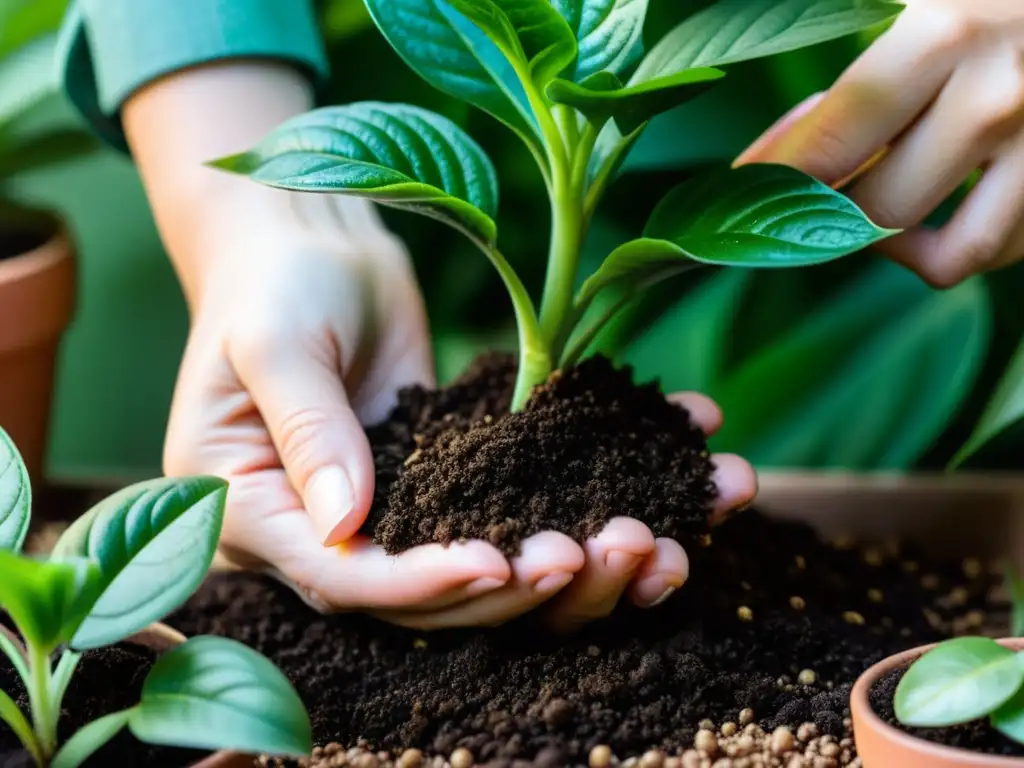 Una persona cuidando con cariño una exuberante planta de interior, disfrutando de los beneficios psicológicos de cuidar plantas