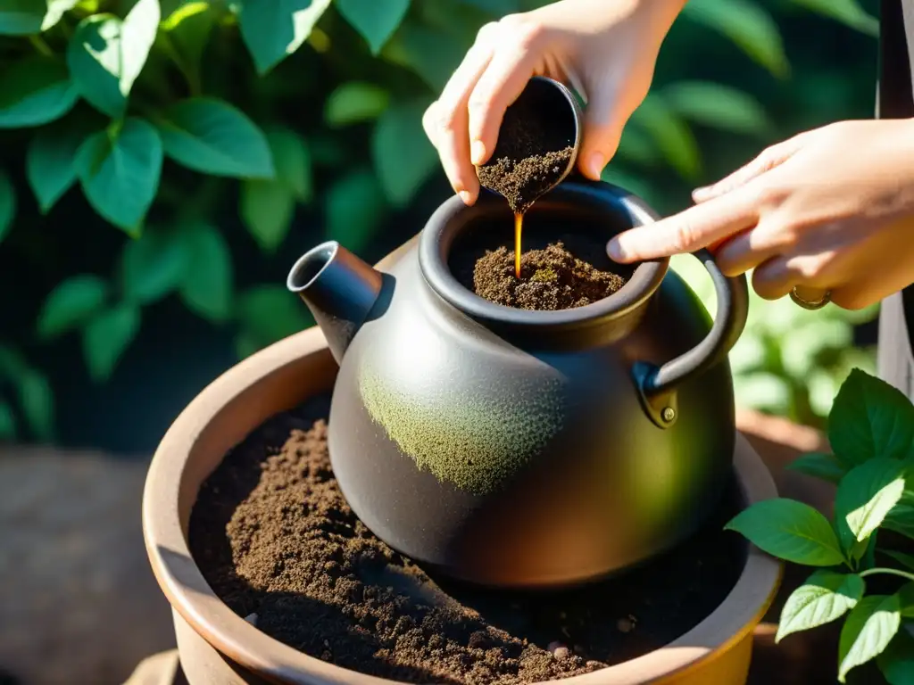 Persona mezclando té de compost para plantas en una teapot de cerámica, rodeada de exuberante vegetación y luz solar matutina