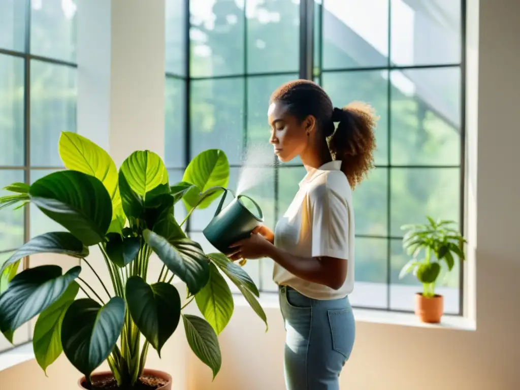 Una persona riega con cuidado una exuberante planta de interior en un ambiente iluminado por la luz natural