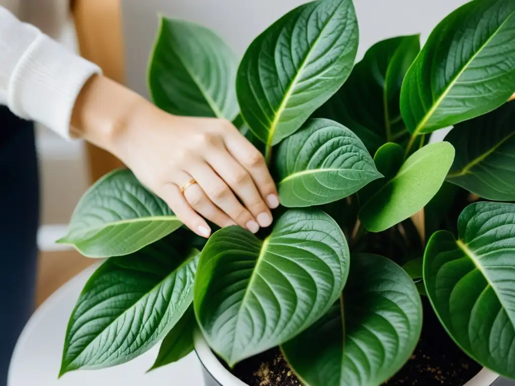 Persona cuidadosa limpia suavemente las hojas de planta de interior, mostrando cómo mantener plantas de interior cálidas con cariño y atención