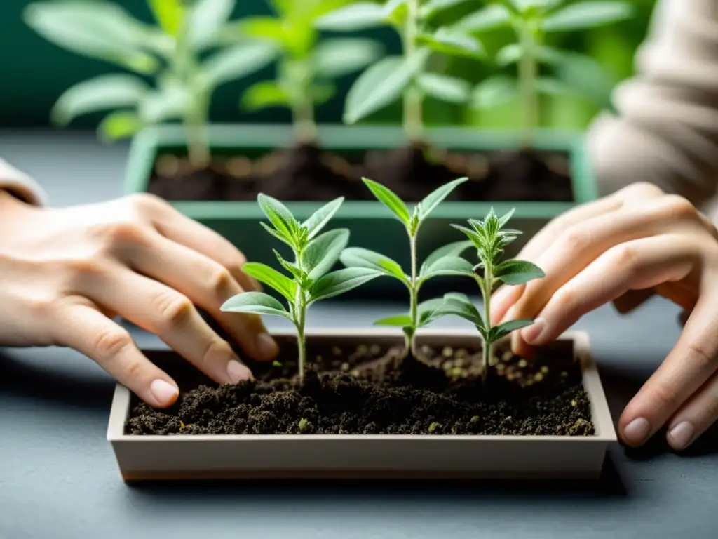 Persona cuidadosamente sembrando semillas de Salvia Divinorum en un jardín interior