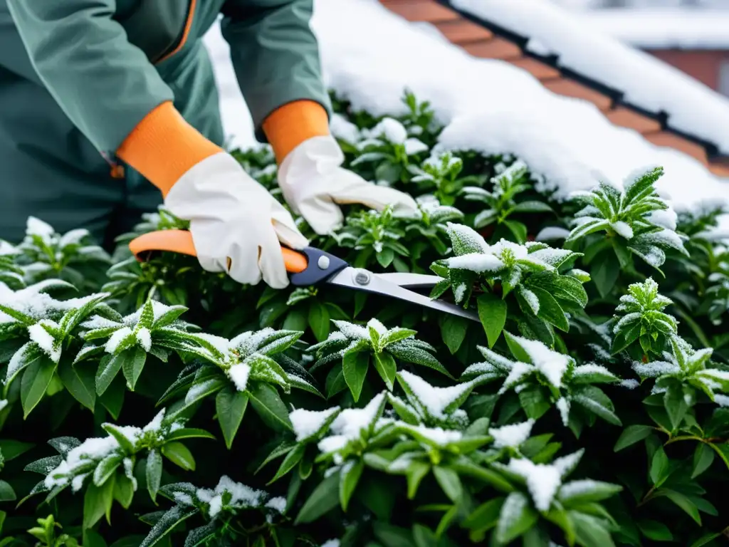 Persona cuidando el techo verde durante el invierno, podando las plantas cubiertas de escarcha con guantes de trabajo pesado