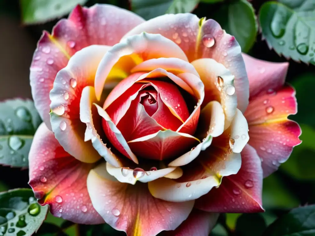 Un pétalo de rosa roja con rocío matutino, textura delicada y hojas verdes